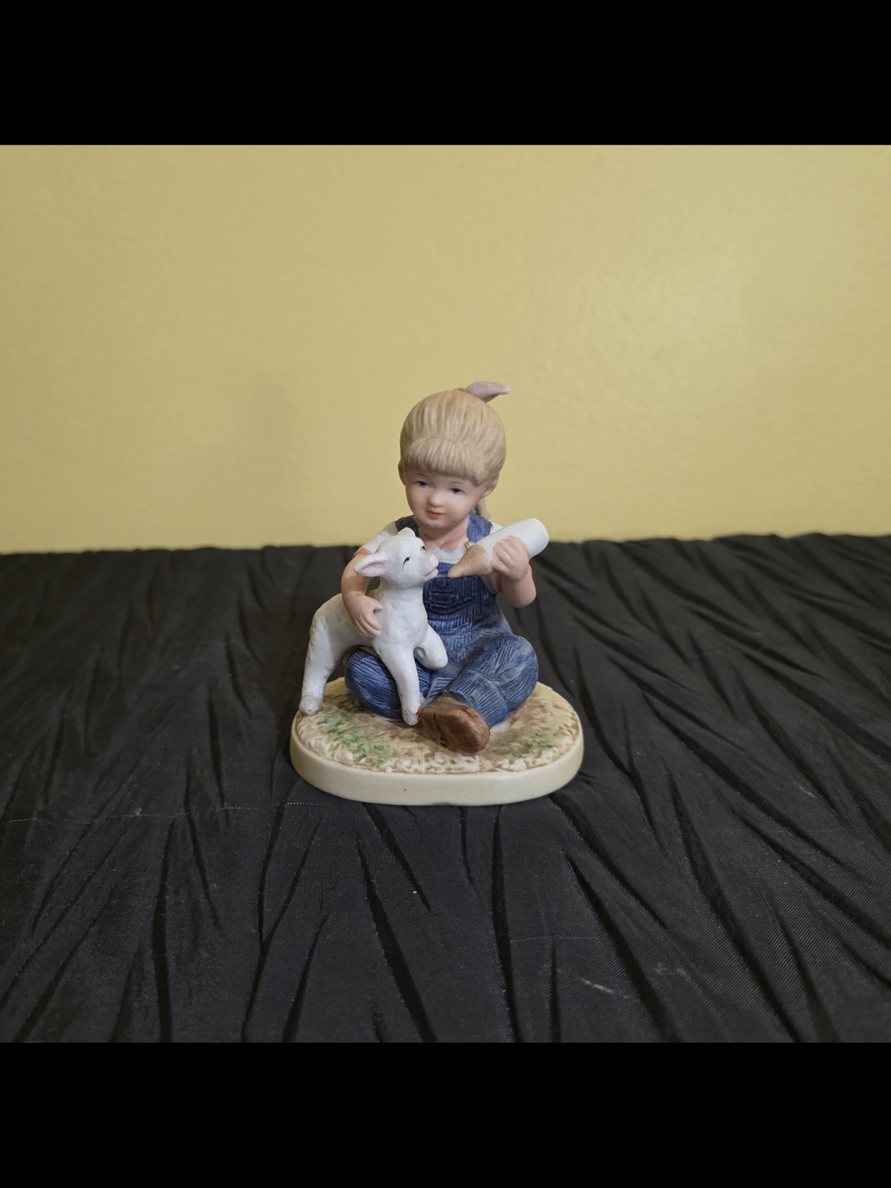 Homco 1985 Denim Days Girl Figurine in Blue Overalls with Lamb
